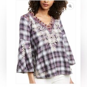 Johnny Was Workshop Mica Swing Plaid Embroidered Top WORN ONCE